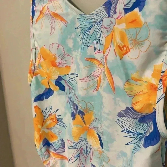 XHILARATION TROPICAL SCOOP BACK HIGH HIP ONE PIECE FLORAL SWIMSUIT, BLUE… - Picture 11 of 13